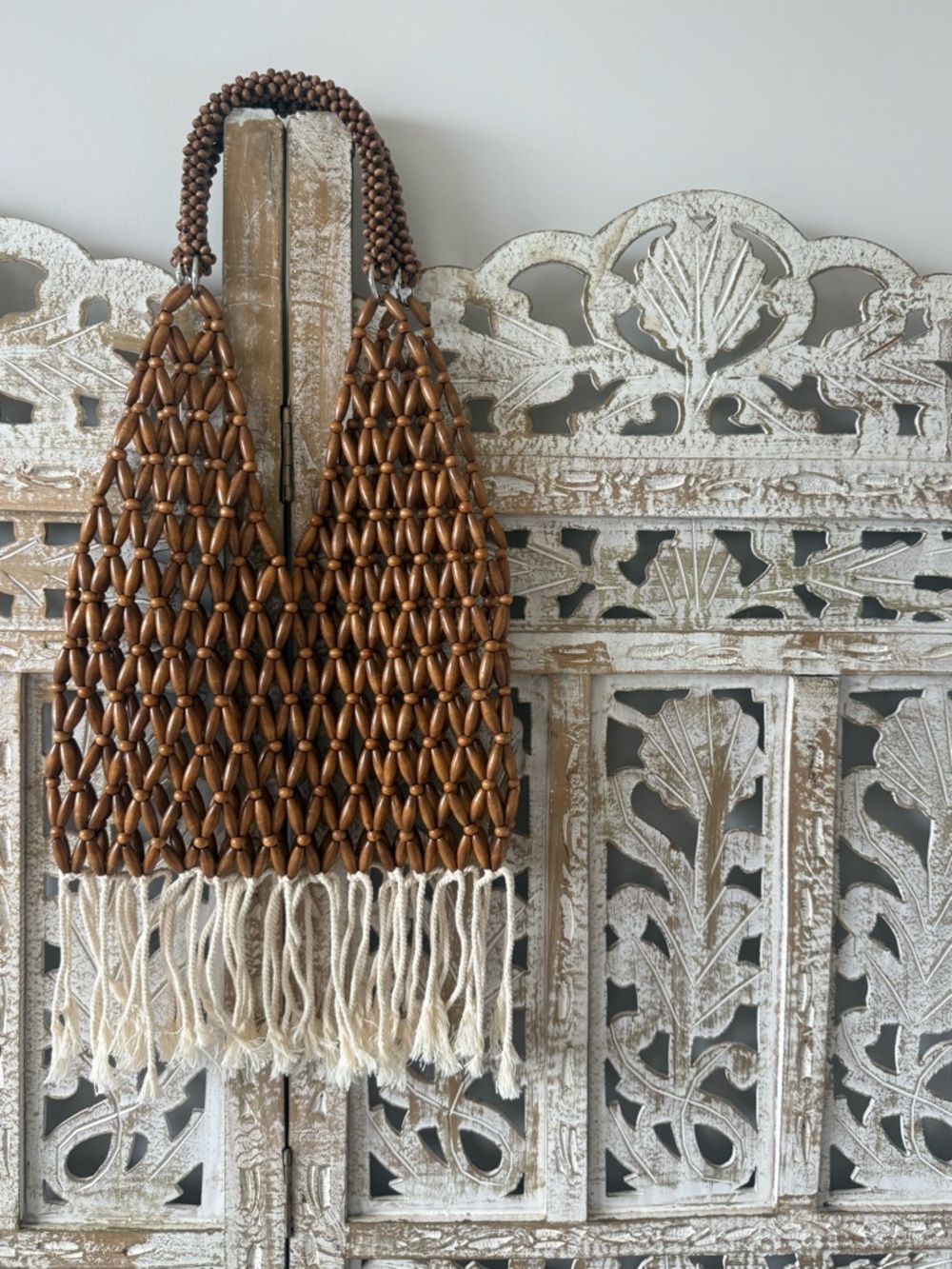 Boho artisan wood beaded bag - Brown and Cream